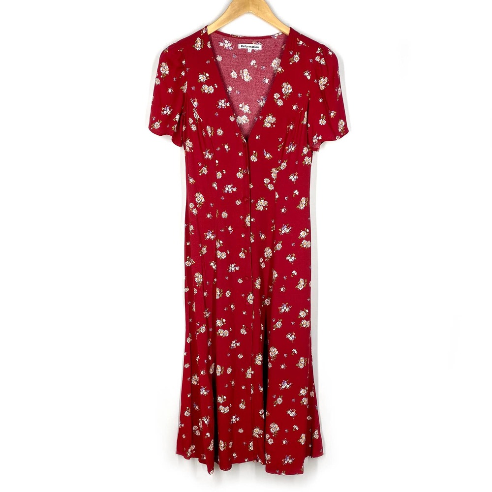 Reformation Locklin Dress Cassia Red Floral Midi Short Sleeve Summer sz 2
